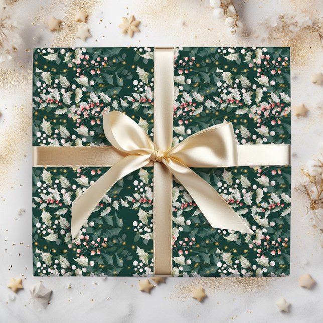 Red Holly Berries and Foliage on Dark Green Wrapping Paper (Creator Uploaded)