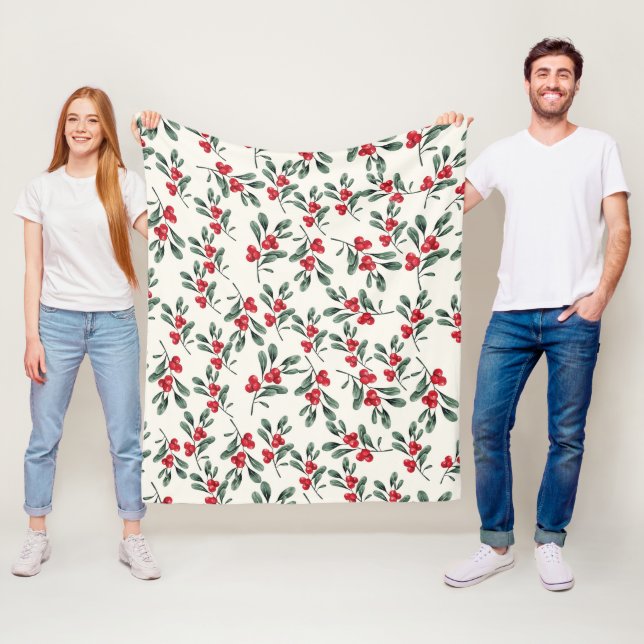 Red Holly berries Green mistletoe leaves Fleece Blanket (In Situ)