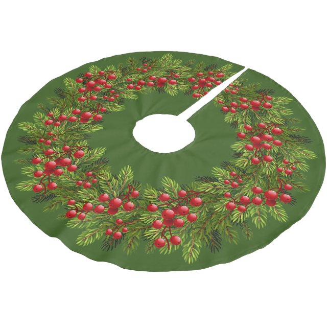 Red Holly Berries Green Pine Tree Needles Motif Brushed Polyester Tree Skirt (Angled)