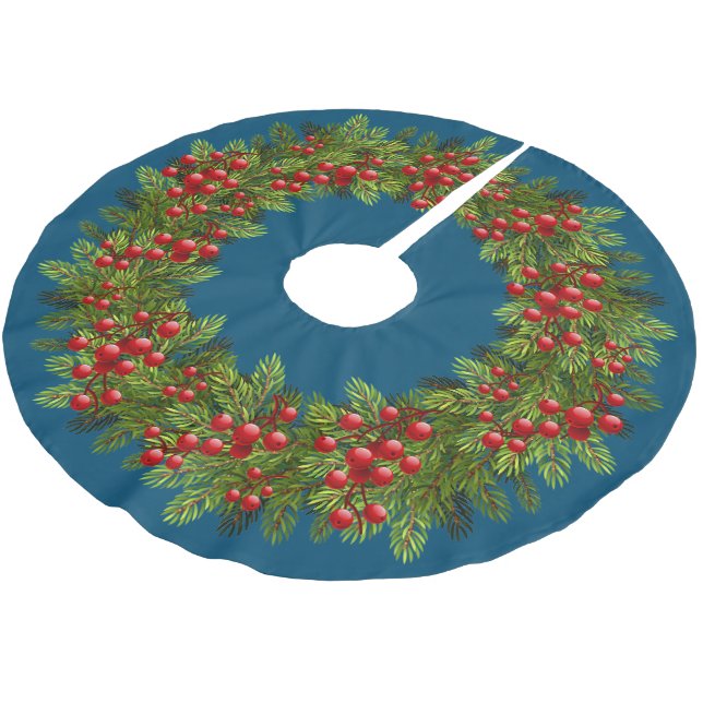 Red Holly Berries Green Pine Tree Needles Motif Brushed Polyester Tree Skirt (Angled)