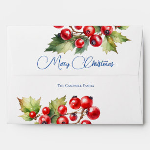 Red Holly Berries on White Christmas Card Envelope