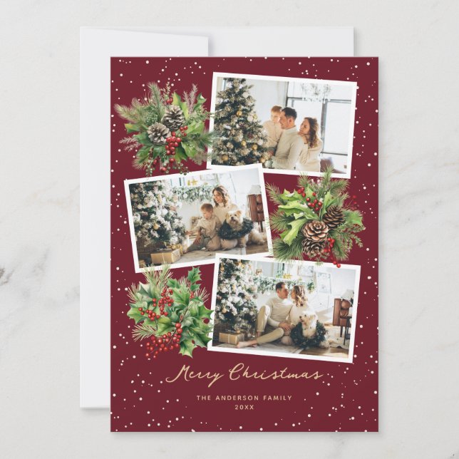 Red Holly Berries Pine Cones Photo Christmas Card (Front)