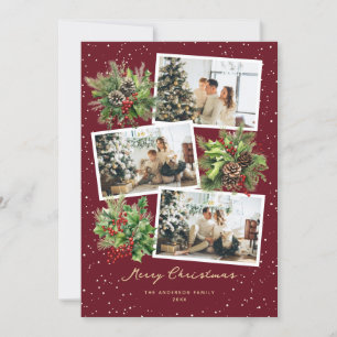 Red Holly Berries Pine Cones Photo Christmas Card