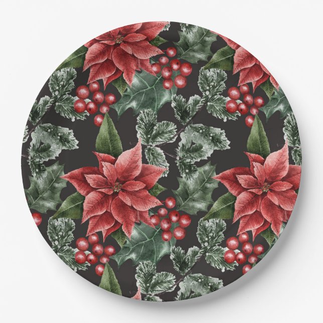 Red Holly Berries Poinsettia Greenery Christmas  Paper Plate (Front)