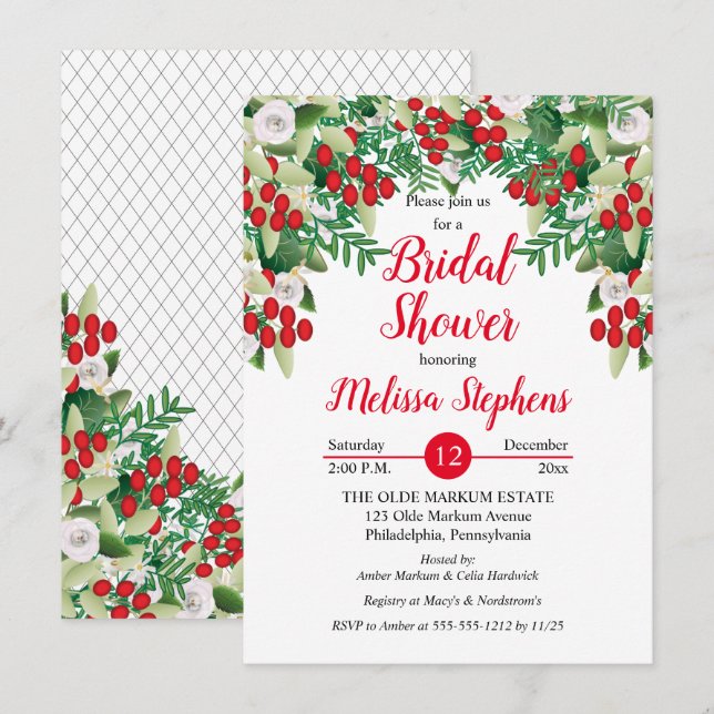 Red Holly Berries | Roses Floral Bridal Shower Invitation (Front/Back)