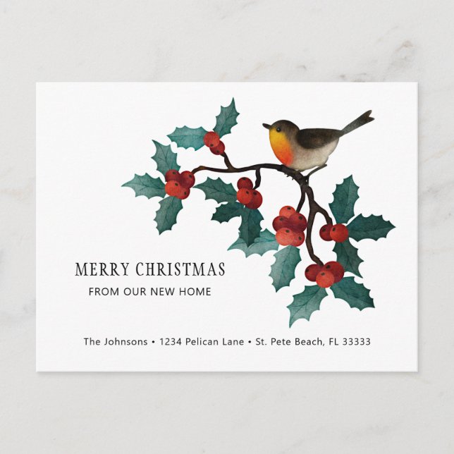 Red Holly Berries Winter Bird Holiday Moving Announcement Postcard (Front)