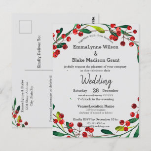 Red Holly Berries Wreath Xmas Wedding Invitation Postcard