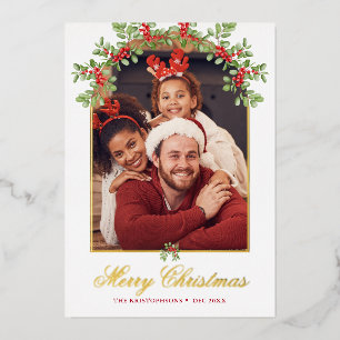 Red Holly Berry Arched Photo Foil Holiday Card