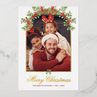 Red Holly Berry Arched Photo Foil Holiday Card