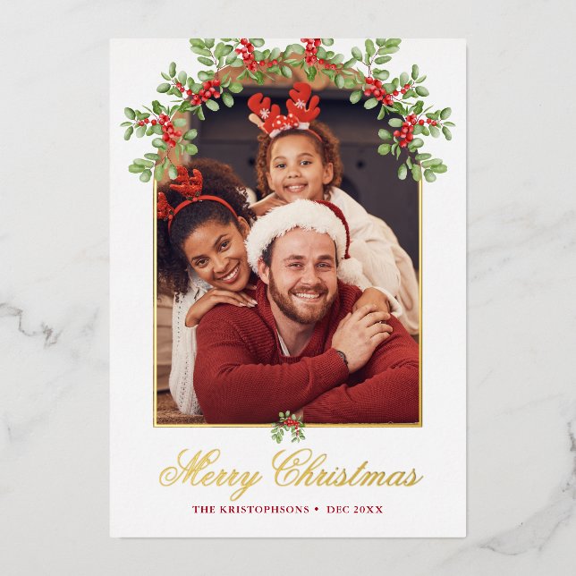Red Holly Berry Arched Photo Foil Holiday Card (Front)