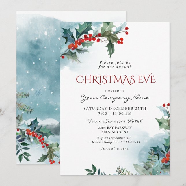 Red Holly Berry CORPORATE Christmas Holiday EVE Invitation (Front/Back)