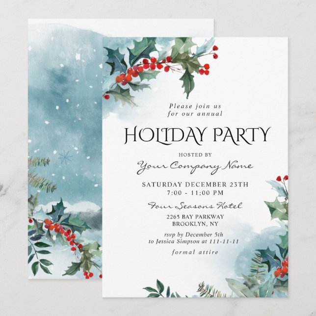 Red Holly Berry CORPORATE Christmas Holiday Party Invitation (Front/Back)