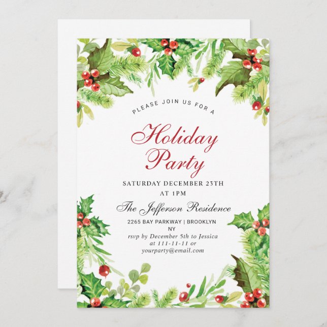 Red Holly Berry Mistletoe Christmas Holiday Party Invitation (Front/Back)