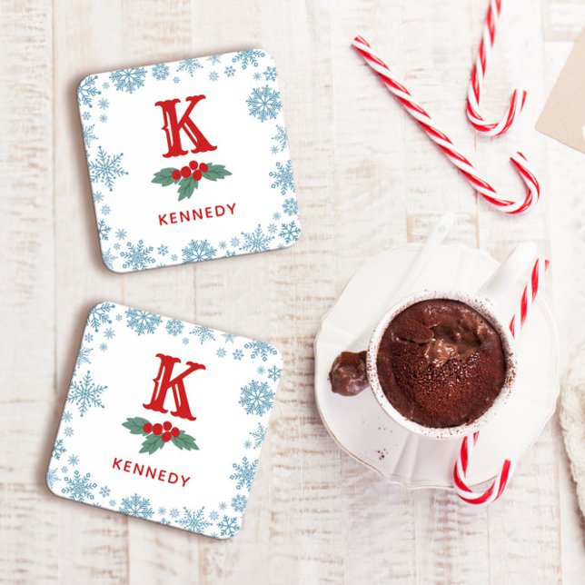 Red Holly Blue Snowflakes Christmas Monogram Coaster (Creator Uploaded)