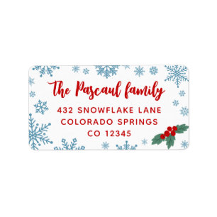 Red Holly Blue Snowflakes Christmas Return Label