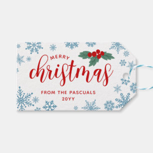 Red Holly Blue Snowflakes Merry Christmas From Gift Tags