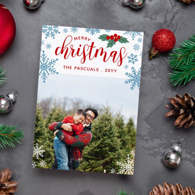 Red Holly Blue Snowflakes Merry Christmas Photo Holiday Card (Creator Uploaded)
