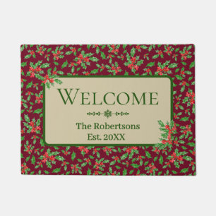 Red holly family last name custom welcome doormat