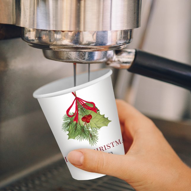Red Holly Greenery Merry Christmas Custom Paper Cups (Merry Christmas holiday greenery custom paper cup.)