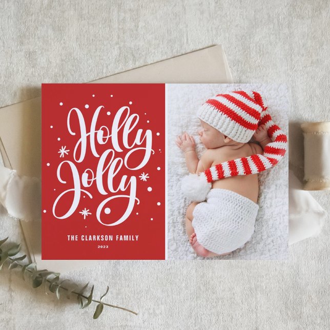 Red Holly Jolly Hand Lettering Baby Photo Holiday Card (Creator Uploaded)