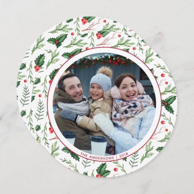 Red Holly Leaves Christmas Family Photo Holiday Invitation (Front/Back)