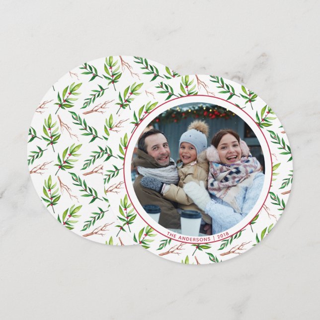 Red Holly Leaves Christmas Family Photo Holiday Invitation (Front/Back)