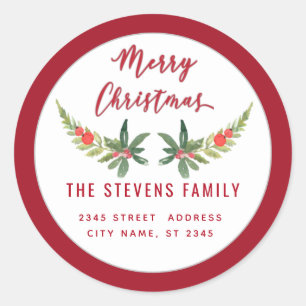 Red holly  modern script Merry Christmas  Classic Round Sticker