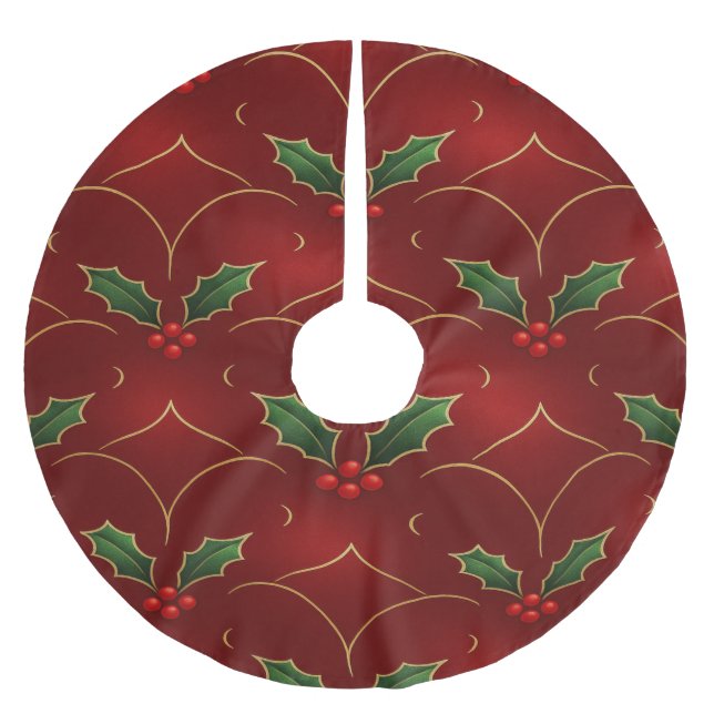 Red Holly Pattern – Elegant Christmas Style Brushed Polyester Tree Skirt (Front)