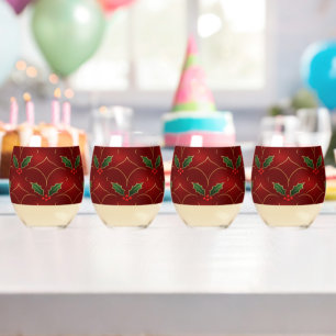 Red Holly Pattern – Elegant Christmas Style Stemless Wine Glass