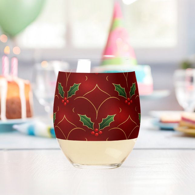 Red Holly Pattern – Elegant Christmas Style Stemless Wine Glass (Insitu (Birthday))
