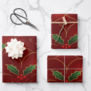 Red Holly Pattern – Elegant Christmas Style Wrapping Paper Sheet