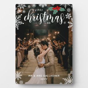 Red Holly Snowflakes 1st Christmas Wedding Photo Plaque