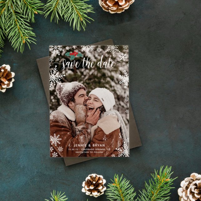 Red Holly Snowflakes Big Photo Christmas Wedding Save The Date (Creator Uploaded)