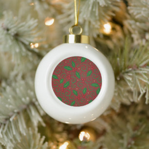 Red Holly Swirl Pattern – Festive Christmas Ceramic Ball Christmas Ornament