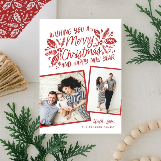 Red Holly Tilted Snapshot 2 Photo Christmas Holiday Card (Creator Uploaded)