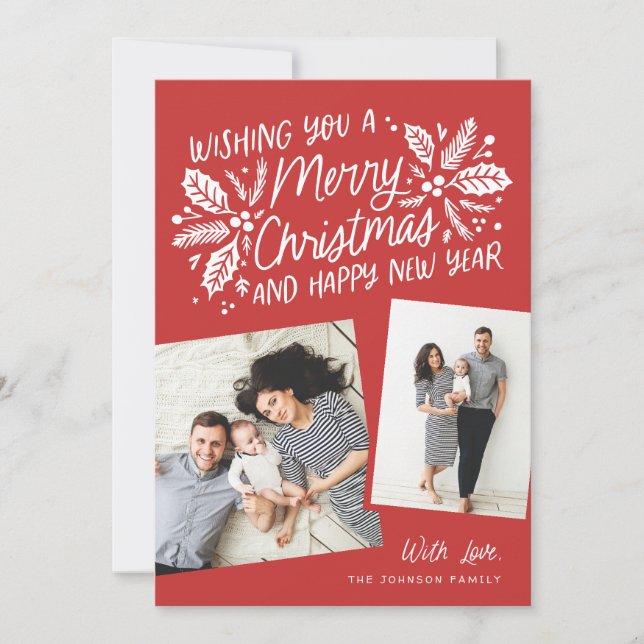 Red Holly Tilted Snapshot 2 Photo Christmas Holiday Card (Front)