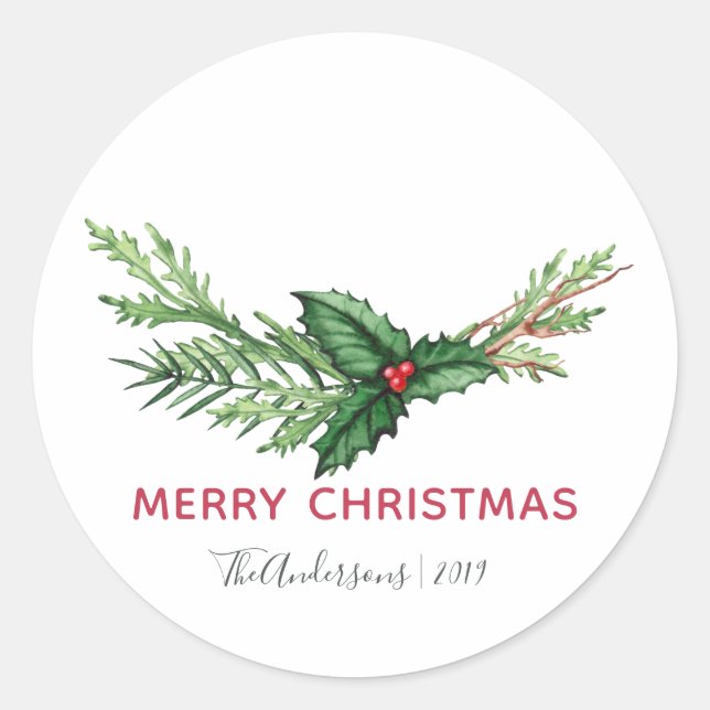 Red Holly Watercolor Bouquet Christmas Holiday Classic Round Sticker (Front)