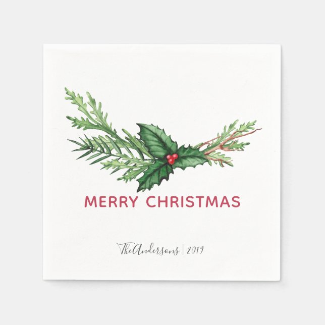 Red Holly Watercolor Bouquet Christmas Holiday Napkin (Front)
