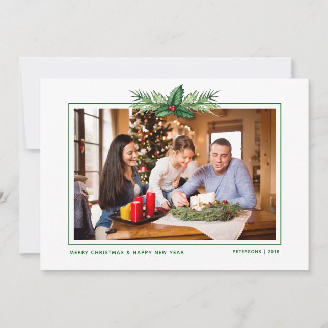 Red Holly Watercolor Merry Christmas Family Photo Holiday Card (Front)