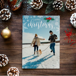 Red Holly White Snowflakes Merry Christmas Photo Holiday Card