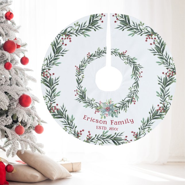 Red Holly with Green Wreath, Festive, Family Name  Brushed Polyester Tree Skirt (Red Holly with Green Wreath, Festive, Family Name Brushed Polyester Tree Skirt)