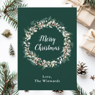 Red Holly Wreath Merry Christmas Holiday Card