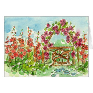 Red Hollyhock Watercolor Flowers Garden Gate Blank