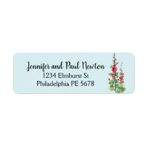 Red hollyhock wit light blue return address label