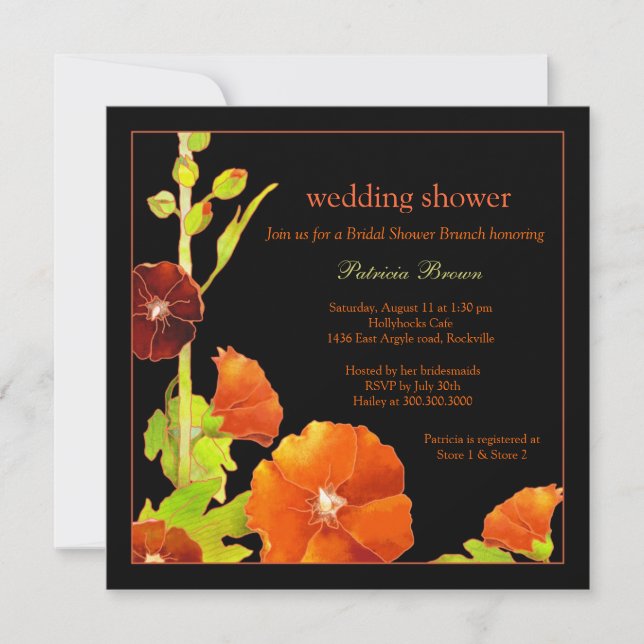 Red Hollyhocks Black Wedding Shower Invitation (Front)