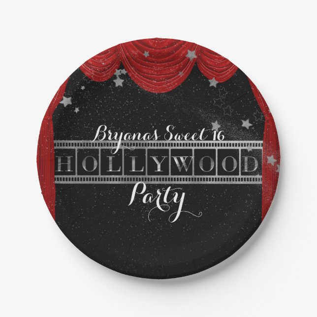 Red HOLLYWOOD Curtains & Silver Party Custom Paper Plate (Front)
