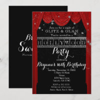 Red HOLLYWOOD Curtains & Silver Party Invitations
