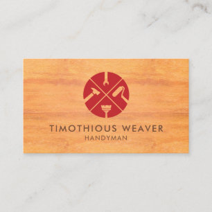 Red Home Repair Logo Wood Grain Business Card