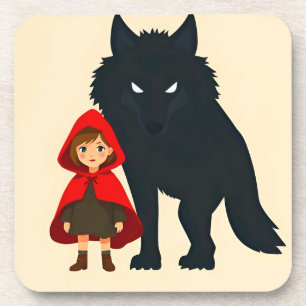 Red Hooded Figure Facing Majestic Wolf Coaster