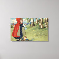 Red Hooded Girl Handing Eggs to Rabbits